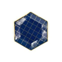Lot De 6 Assiettes Hexagonales Bleues Lignes Or 23 Cm