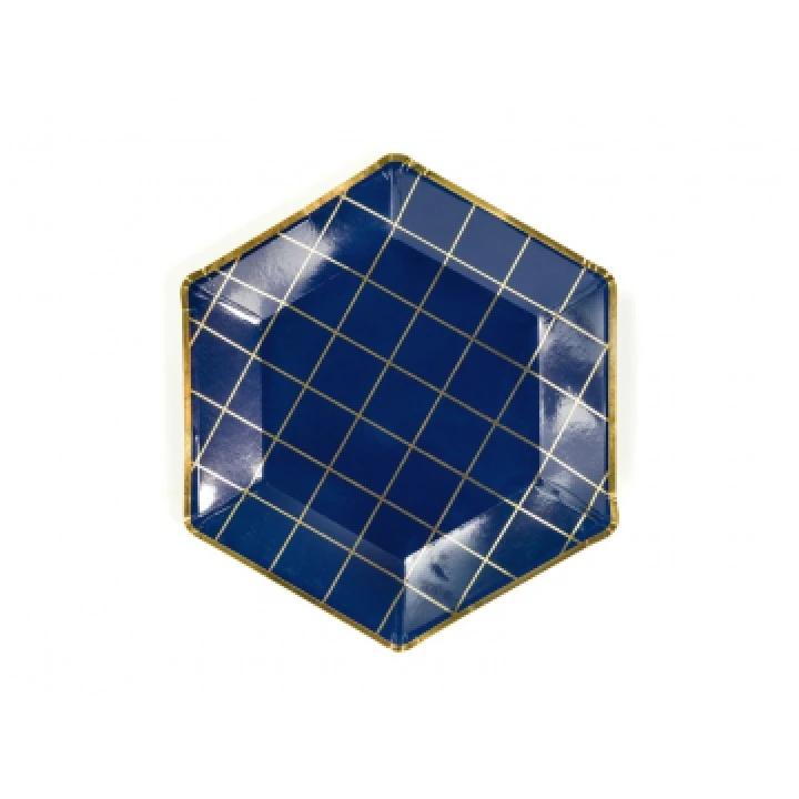 Lot De 6 Assiettes Hexagonales Bleues Lignes Or 23 Cm