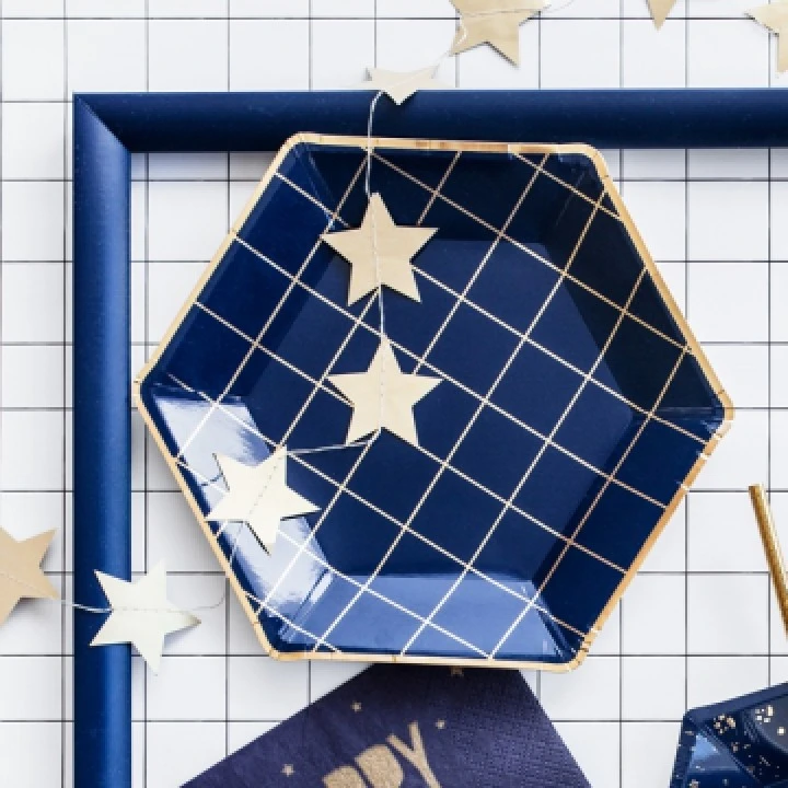 Lot De 6 Assiettes Hexagonales Bleues Lignes Or 23 Cm – Image 2