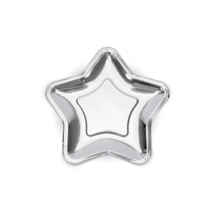 Lot De 6 Assiettes Carton Métallisé Argent Forme étoile 18 Cm