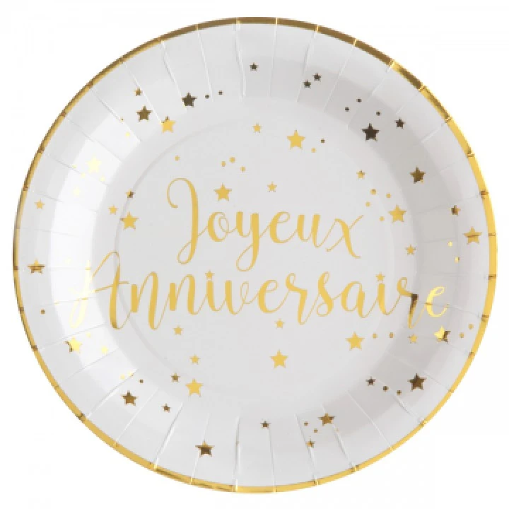 Lot De 10 Assiettes Joyeux Anniversaire Doré