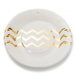 Lot De 12 Assiettes Jetables Blanches Chevrons Or En Carton D 23 Cm