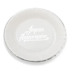 Lot De 12 Assiettes Jetables Joyeux Anniversaire Blanc Et Argent En Carton D 23